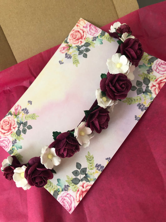 Burgundy and White Flower Headband