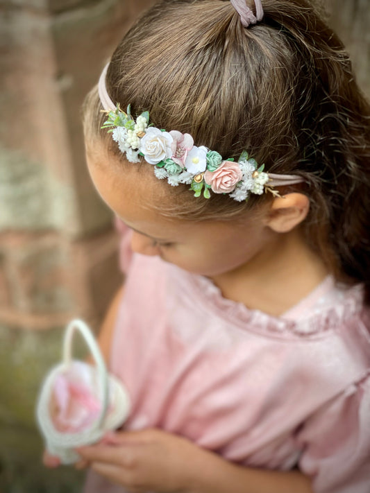 Sage and Pink Flower Headband