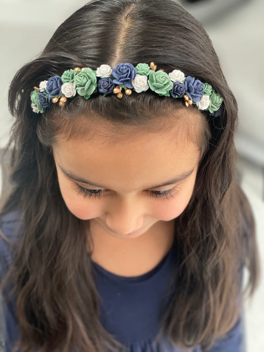 Navy Flower Headband, With Sage and Gold Detail, Bridesmaid, Flowergirl, Weddings